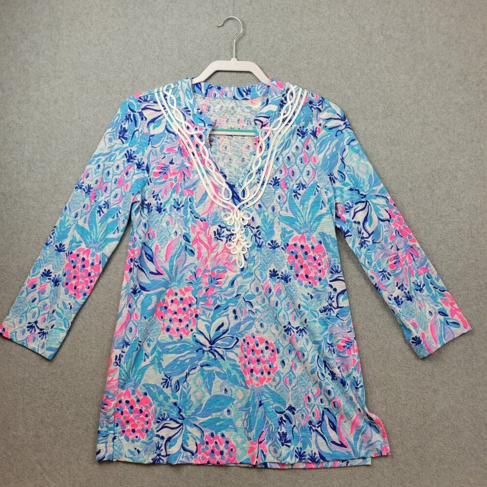 Lilly Pulitzer Kaia‎ Tunic Top Womens Size Small Resort 3/4 Sleeve Embroidered